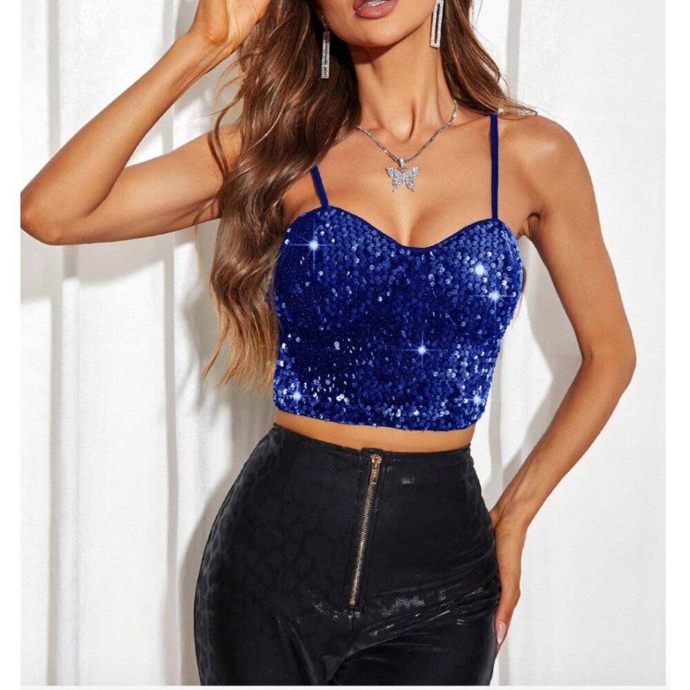 Blue Sequin Crop Cami Top